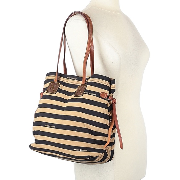 Dooney & Bourke Brown and Tan Striped Tote Bag with Leather Handles and Trim - Picture 10 of 15